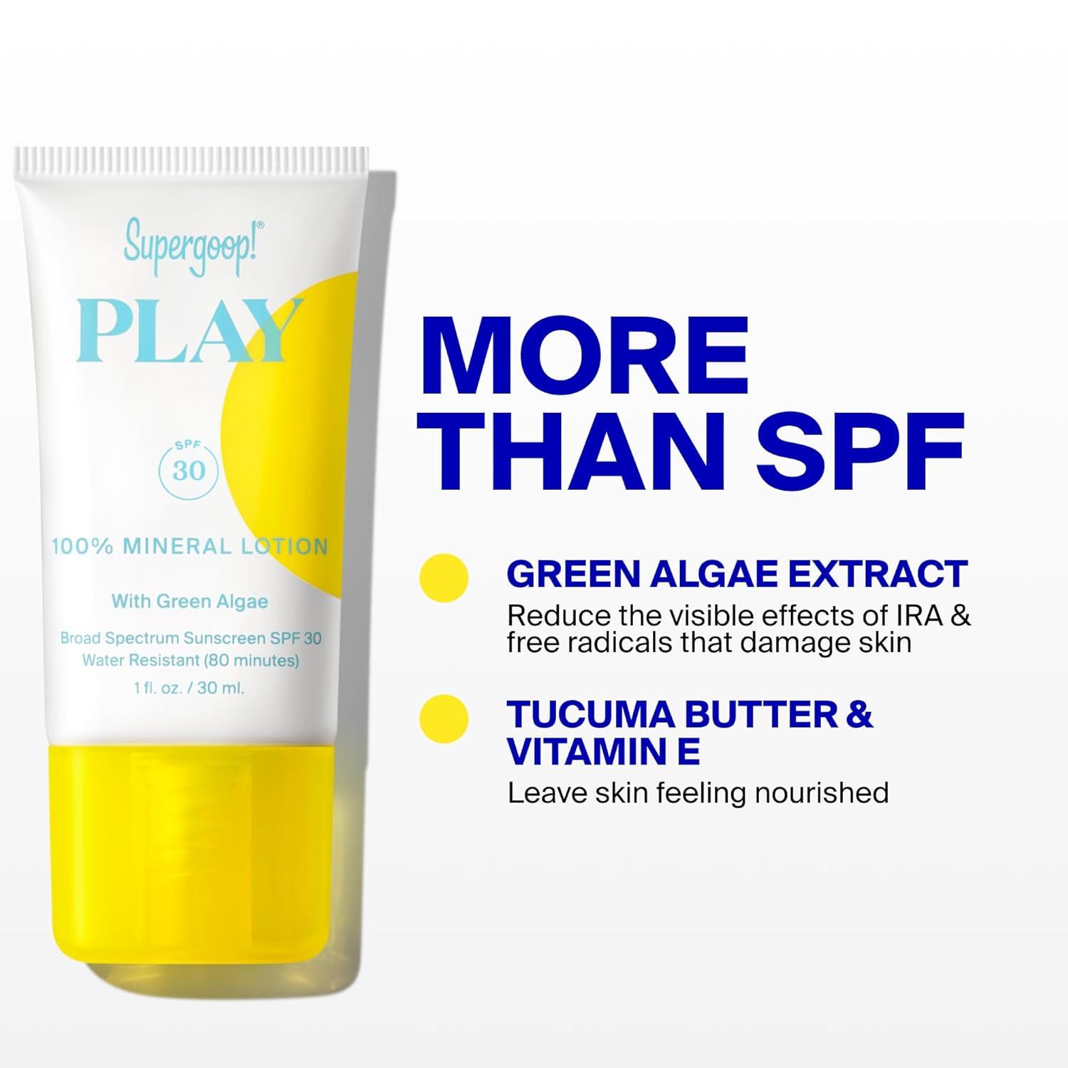 image:imageSupergoop PLAY 100 Mineral Lotion 34 fl oz Broad Spectrum SPF 30 Sunscreen for Face amp Body Lightweight Fast Absorbing WaterResistant With Green Algae1 Fl Oz Pack of 1