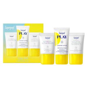 Supergoop! Daily SPF Starter – Includes 3 Travel-Sized SPF Favorites: Unseen Sunscreen SPF 40, Mineral Mattescreen SPF 40, and PLAY Everyday Lotion SPF 50 – Non-Comedogenic