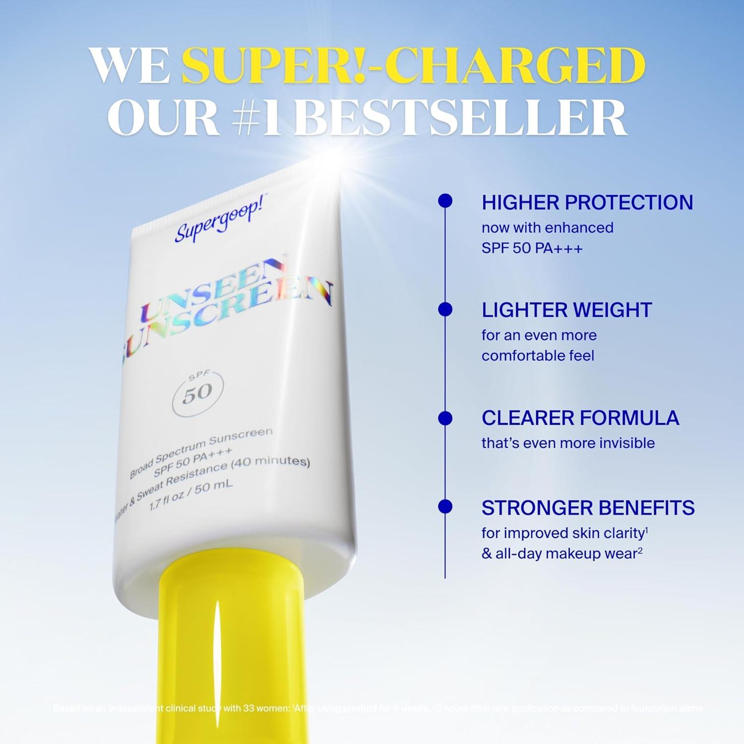 image:imageSupergoop Unseen Sunscreen SPF 50 Invisible Sun Protection for Face 17 fl oz PLAY Antioxidant Body Mist SPF 50 6 fl oz Broad Spectrum Body amp Face Sunscreen Recommended for Sensitive Skin