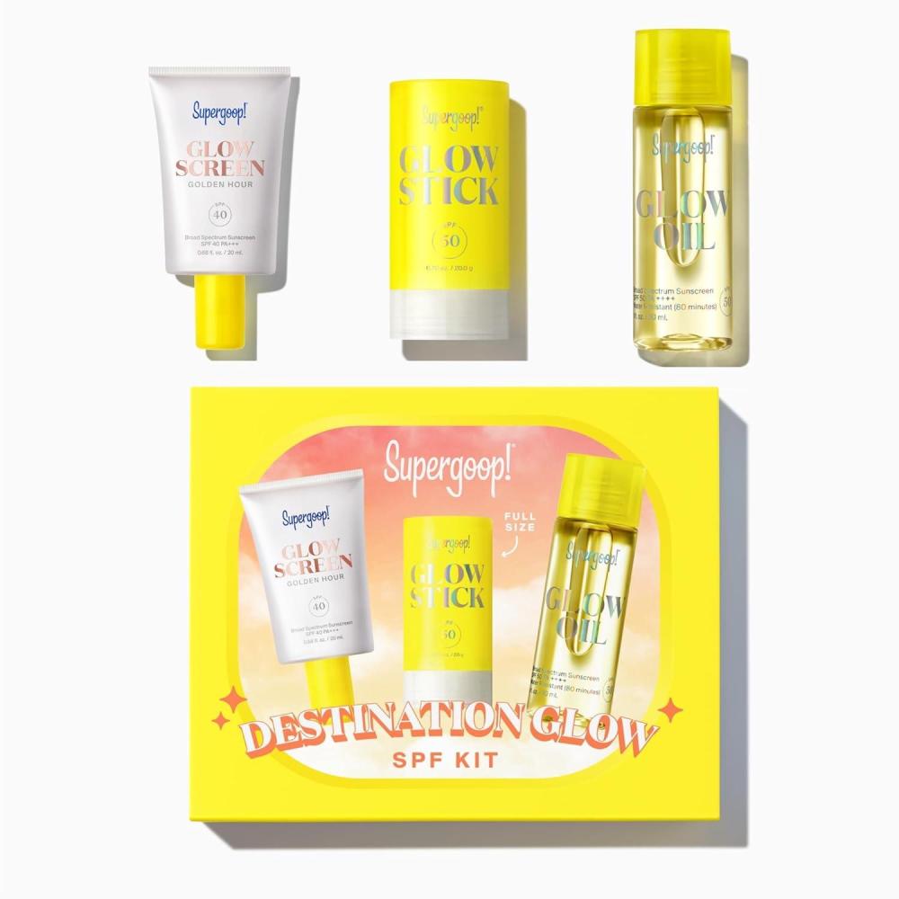 image:imageSupergoop Destination Glow  Includes 3 TravelSized Glowy SPF Favorites Glowscreen SPF 40 Glow Stick SPF 50 and Glow Oil SPF 50