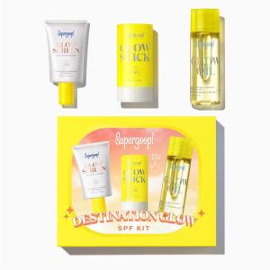 Supergoop! Destination Glow – Includes 3 Travel-Sized Glowy SPF Favorites: Glowscreen SPF 40, Glow Stick SPF 50, and Glow Oil SPF 50