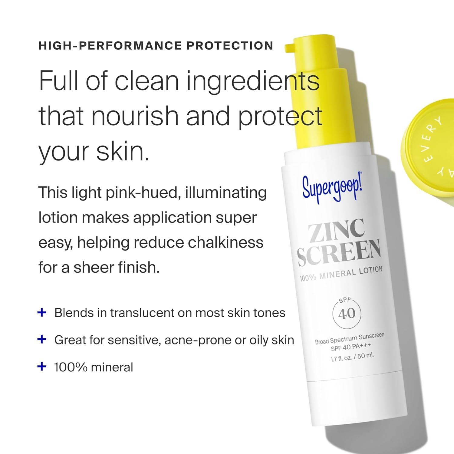 image:imageSupergoop Zincscreen 17 fl oz SPF 40 PA Mineral Face Lotion amp Broad Spectrum Sunscreen Nonnano Zinc Oxide for Daily UV Protection Lightweight Blendable Formula with Pink Hue